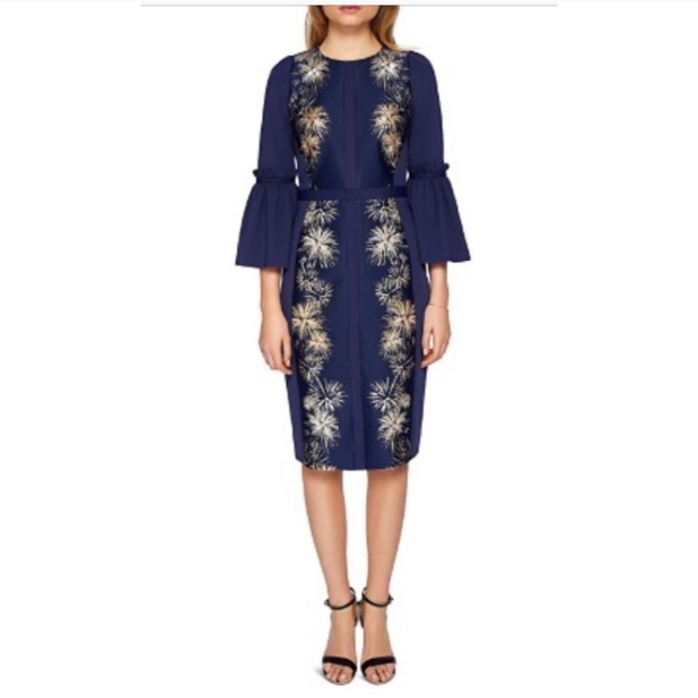 RARE Ted Baker navy and gold shift dress TB size 3 US size 8